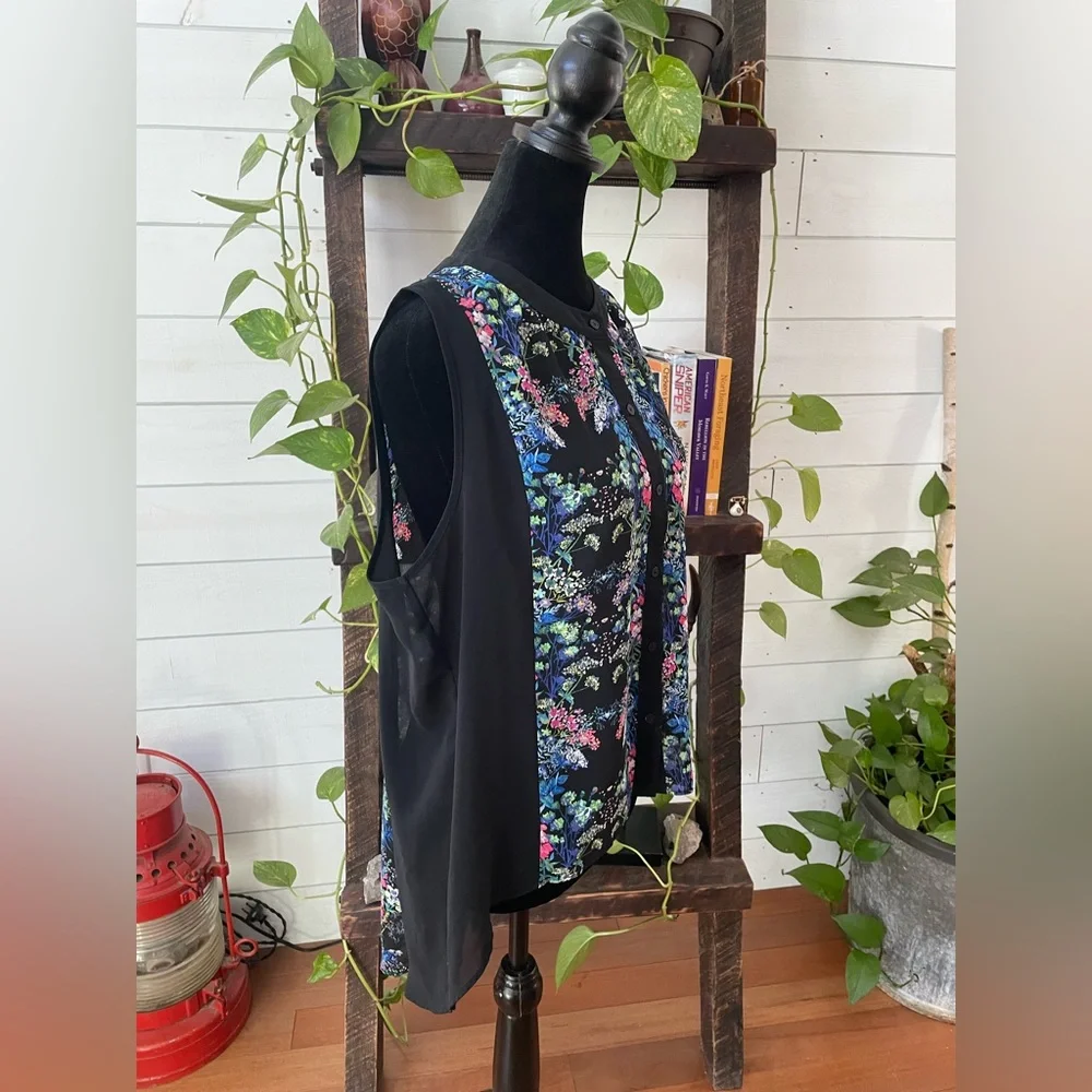 Nicole Miller: Long Black BoHo Flowy Floral Button Down Blouse